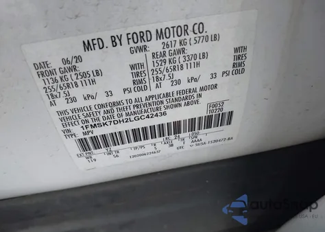 2020 Ford Explorer Xlt z USA, uszkodzony, nr VIN 1FMSK7DH2LGC42436